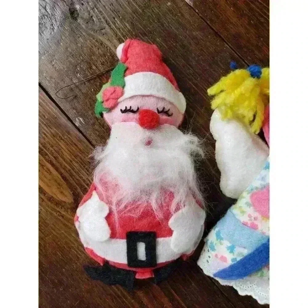 Four Vintage Felt Christmas Ornaments | Santa Stocking Angel Snowman | 60s Decor
